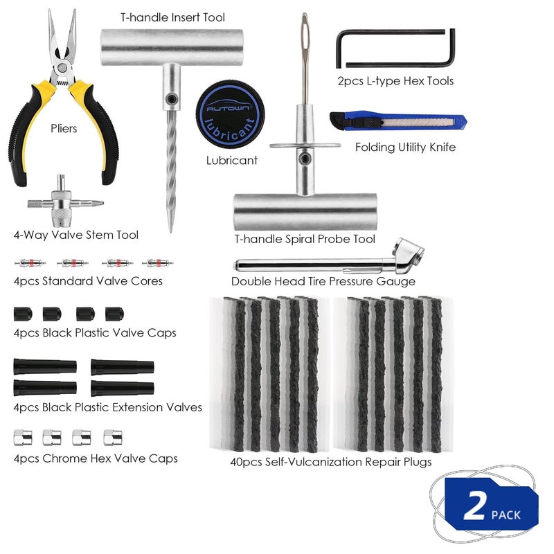 AUTOWN Flat Tire Repair Kit with Plug 68 Pcs for Car  Motorcycle  ATV  Jeep  Truck  Tractor Flat Tire Repair (2-Pack) (Set of 2-68pcs) - Image 2